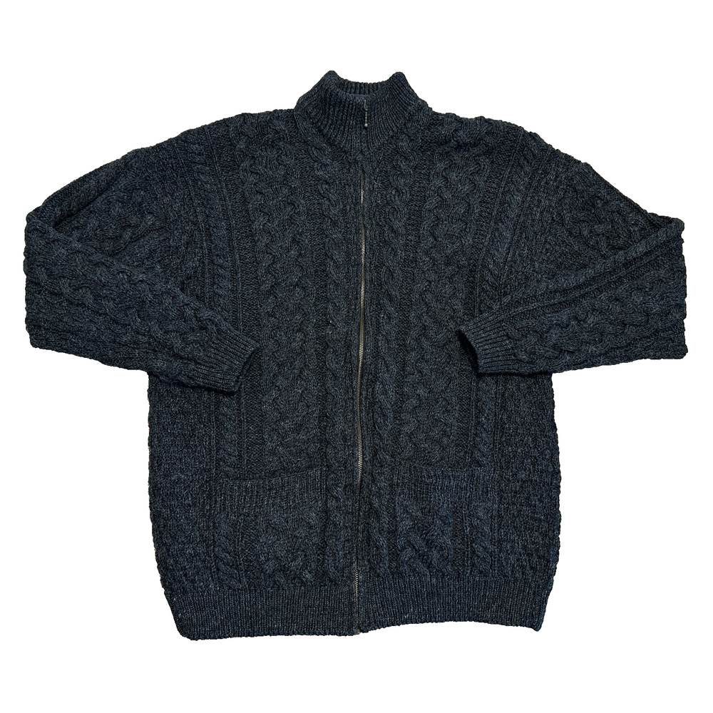 Aran Cable Knit Zip Cardigan Mens L Charcoal 100% Wool Classic Outdoor Fisherman